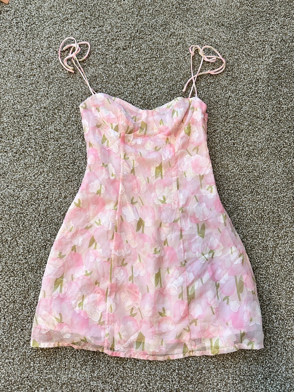 Beginning Boutique Pink Floral Slip Mini Dress with Green Accents